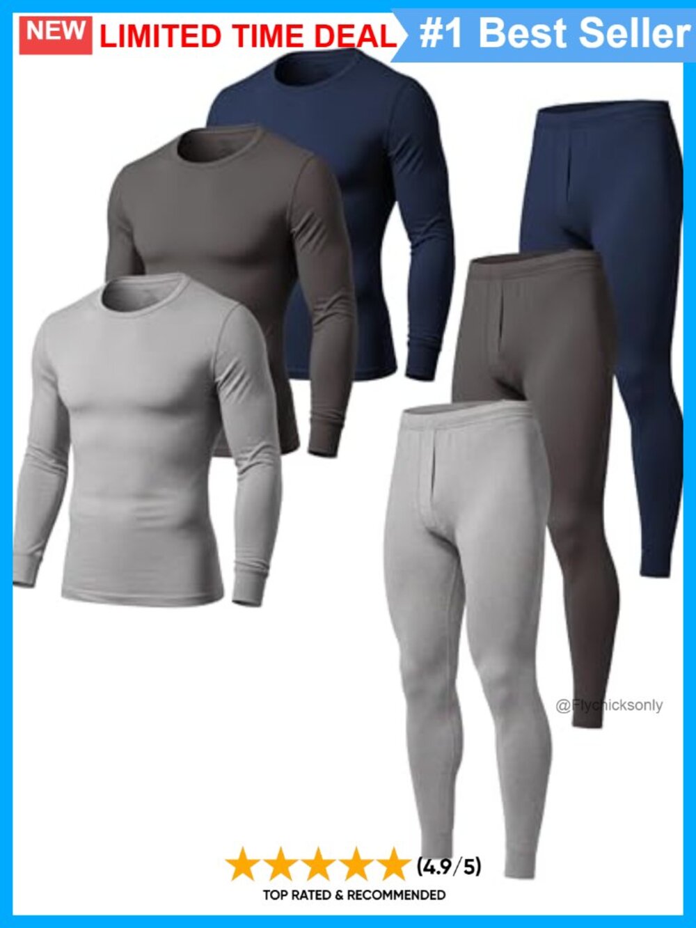 Men's 100% Cotton Thermal Underwear Set Long Sleeve Top & Pant Base Layer